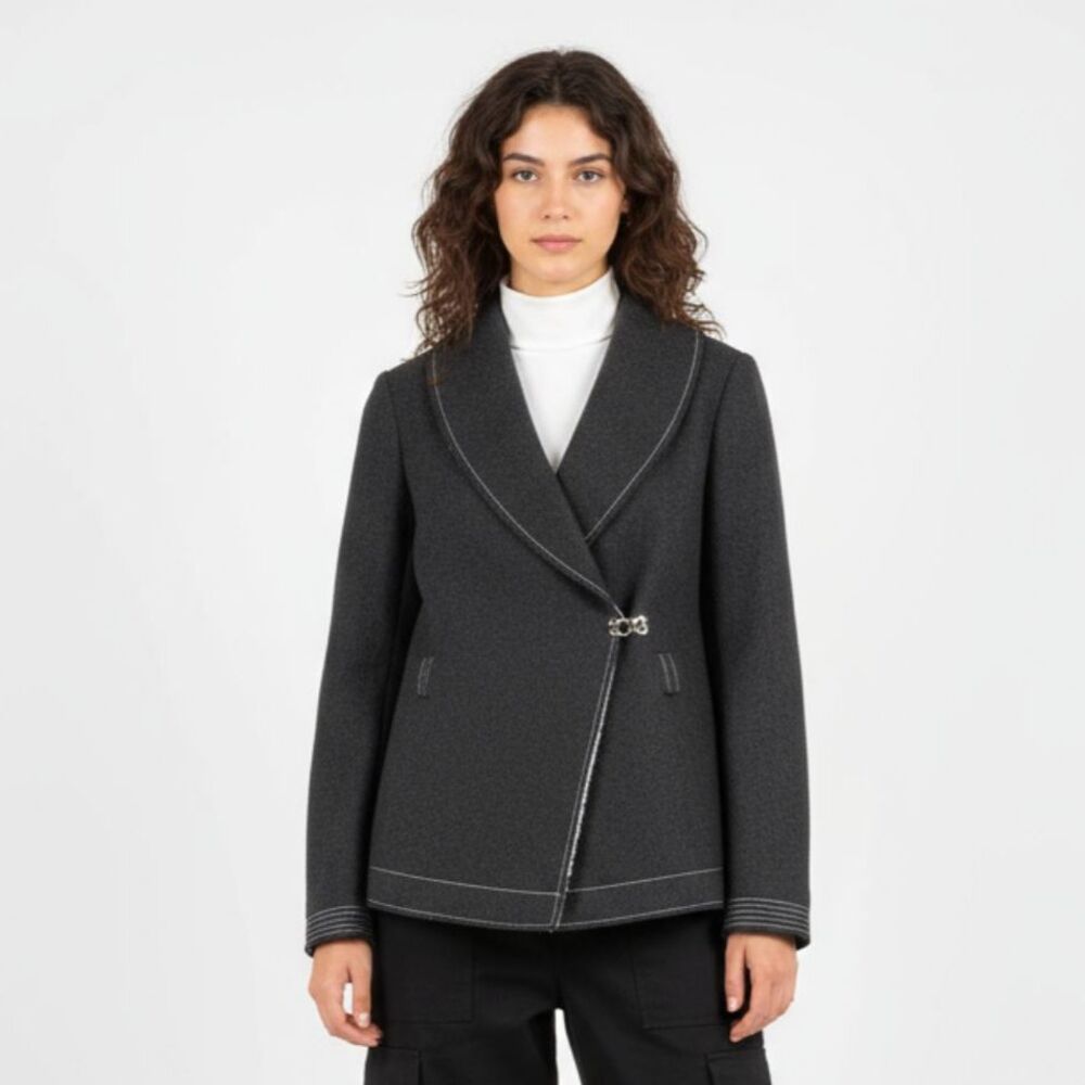 Poleci Women's Gray Wool Raw Edge Seam Long Sleeve Urban Streetwear Jacket 2